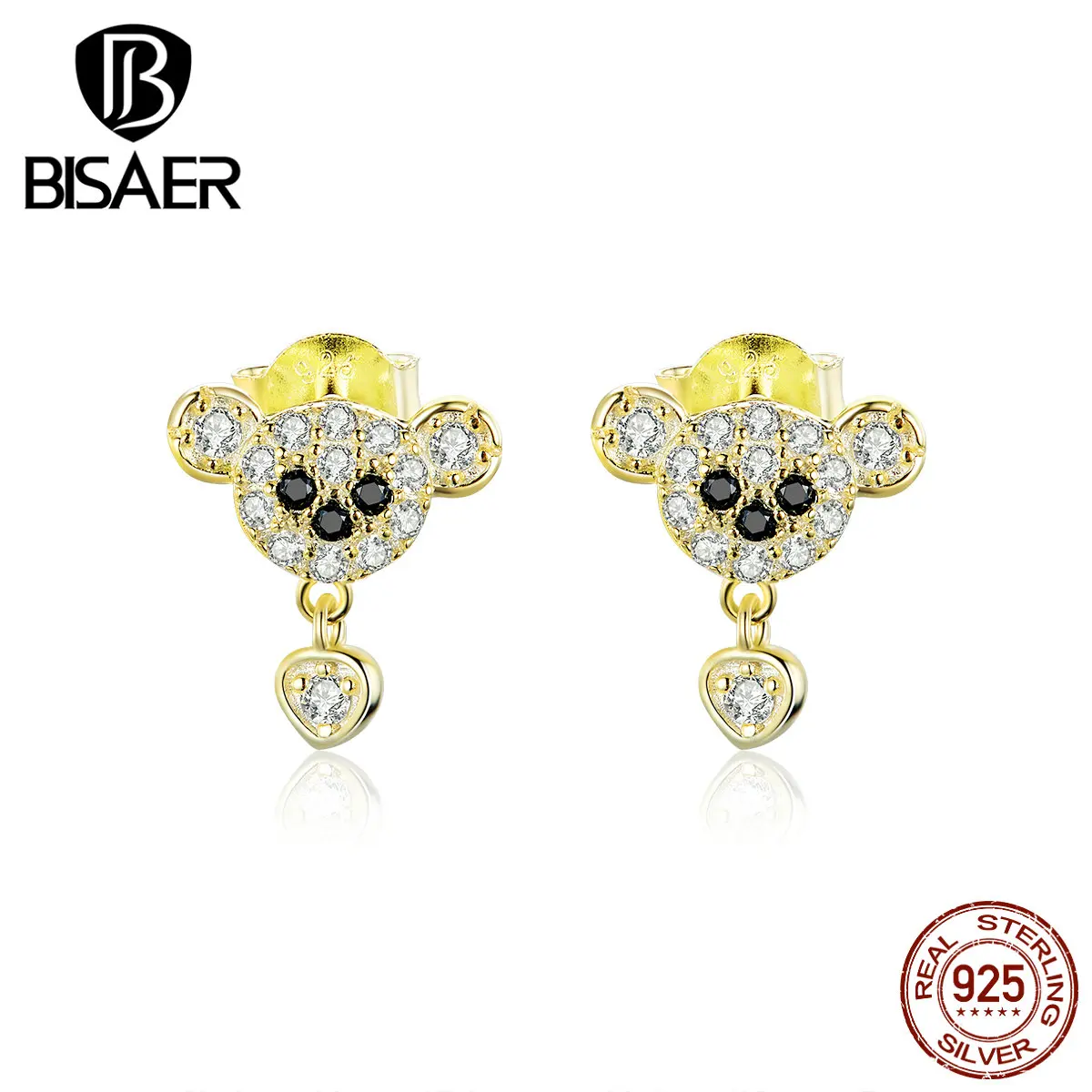 Коллекция животных BISAER 925 пробы серебряные маленькие серьги в виде медведя для женщин кубический циркон женские ювелирные изделия ECE788