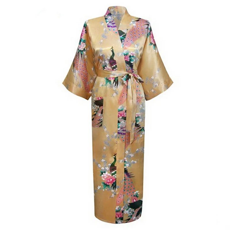 Длинные Стильные Свободные японские атласные Павлин Женская юката платье пижамы Восточный кимоно хаори китайский Qipao ночная рубашка халат - Цвет: Yellow