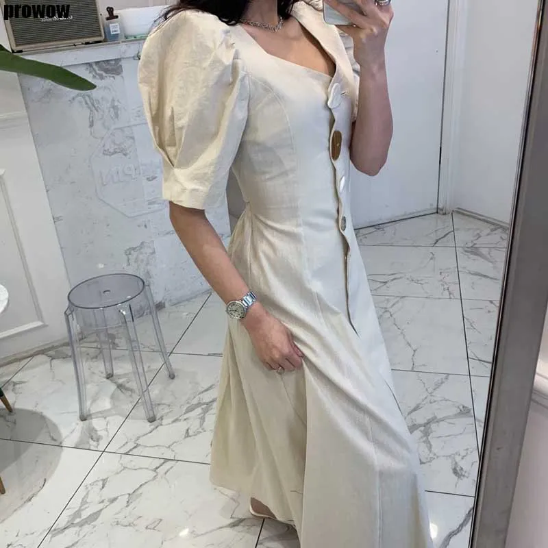 2020 Summer New Women Backless Lace Up Button Dress Vintage Korean Chic Puff Sleeve Long Dress Ladies High Waist Slim Dresses