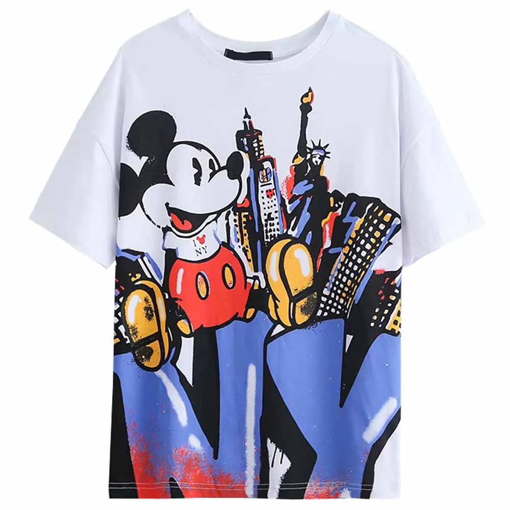 Disney/Милая Корейская футболка с Микки Маусом и надписью NY; шикарная белая футболка с круглым вырезом; пуловер с коротким рукавом; Повседневная Женская свободная футболка - Color: White
