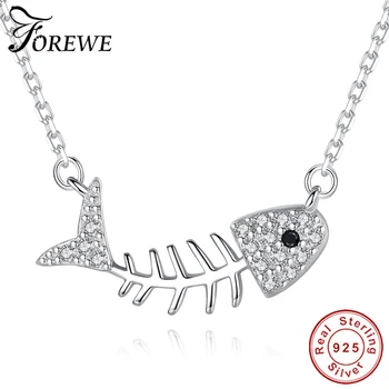 

Autumn New 925 Sterling Silver Ocean Life Bone Fish Pendant Necklaces with Crystal Chain Necklace for Women Authentic Jewelry
