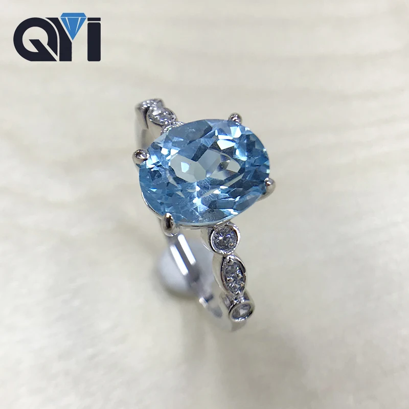 QYI роскошное кольцо из стерлингового серебра 925 пробы, 3 карата, овальное ограждение, Натуральный топаз, кольцо для женщин, 4 зубец, обручальное кольцо, драгоценные камни, кольца
