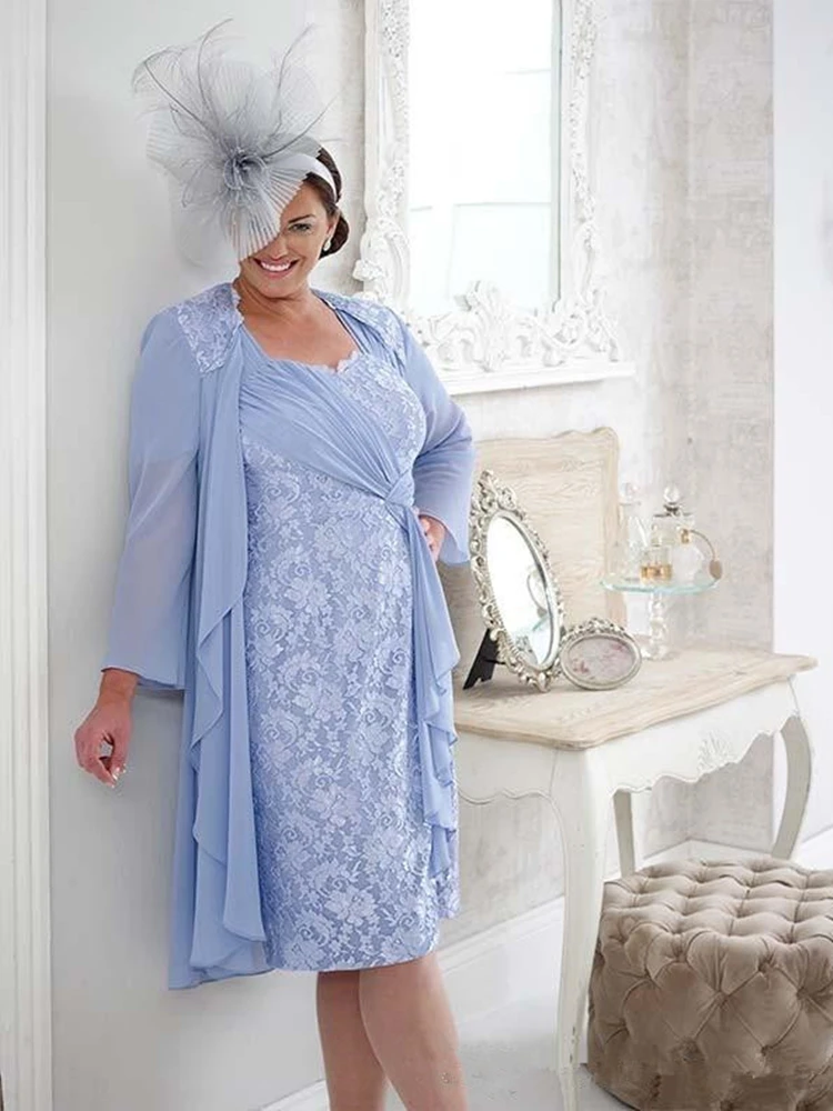 Knielengte Korte Plus Size Moeder van de Bruid Jurk met Jasje Lange Mouwen Lace Chiffon Wedding Party Avondjurk 2020 Nieuwe Knielengte Korte Plus Size Moeder van de Bruid Jurk met Jasje Lange Mouwen Lace Chiffon Wedding Party Avondjurk 2020 Nieuwe