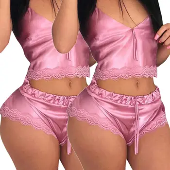 

Women Sexy Satin Pajamas Set Sleeveless V-Neck Crop Top Lace Shorts Sleepwear M7DD