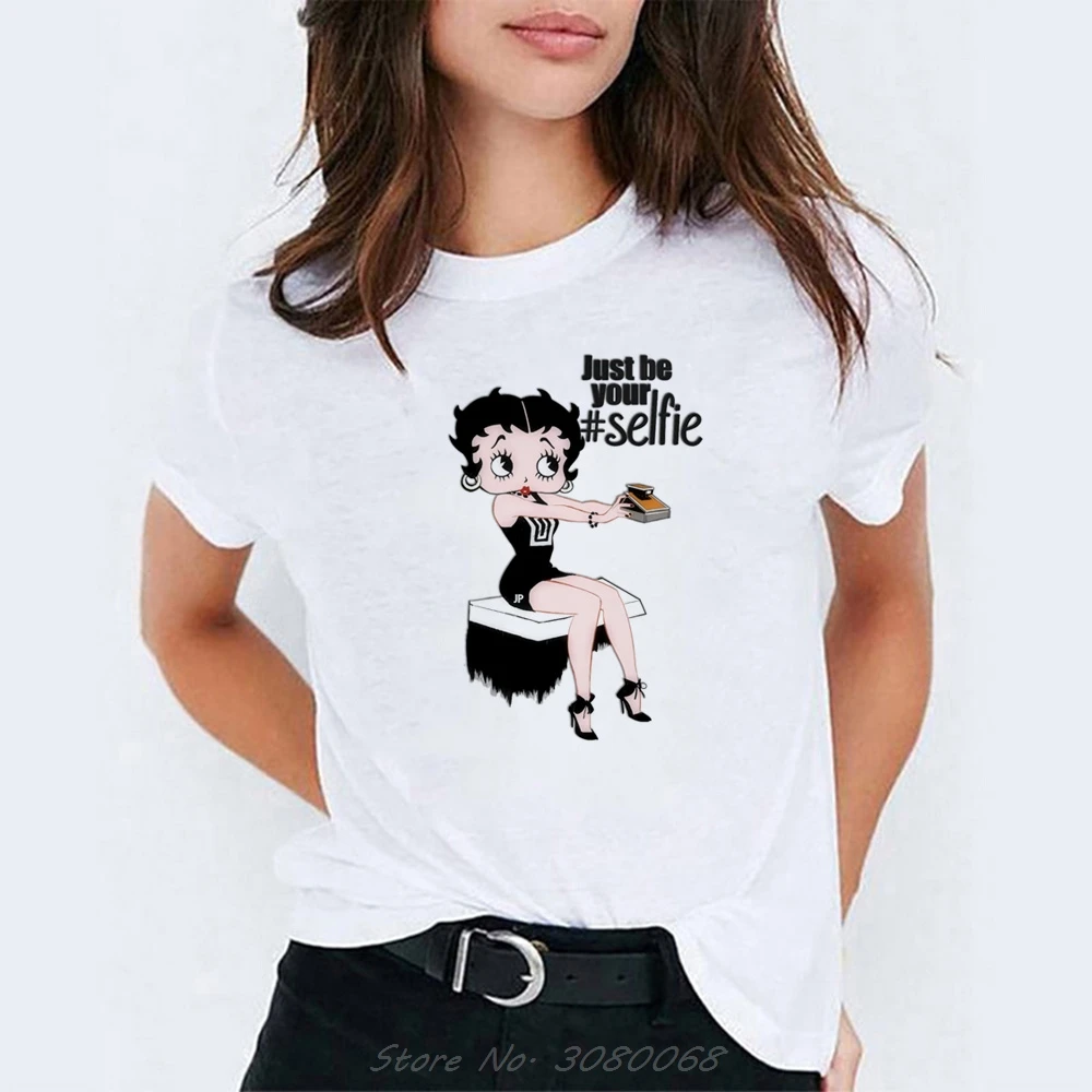 Camiseta Mujer Betty Boop езда на велосипеде Vogue принцесса мультфильм печати белый хлопок Футболка для женщин эстетический стиль Kpop футболка Femme