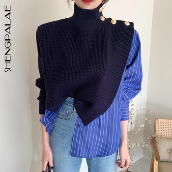 

SHENGPALAE Korean Chic 2020 Autumn High Collar Side Buttons Fake Two-piece Shirt Stitching Striped Bubble Sleeve Sweater ZT1011