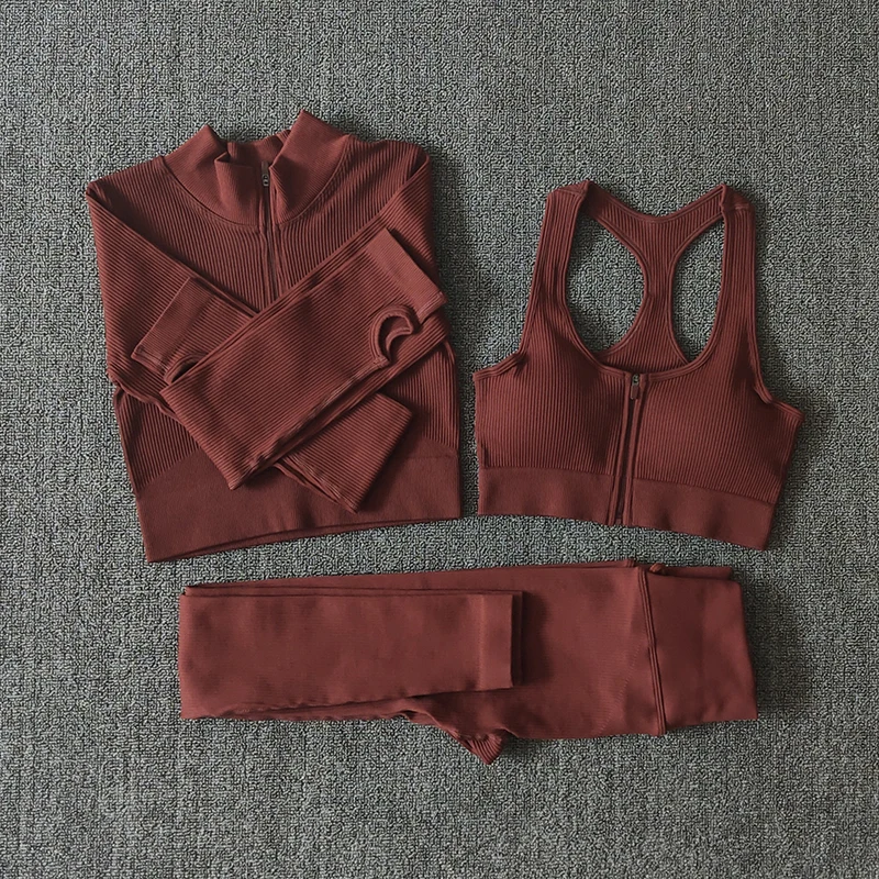 Seamless Women Yoga Set Workout Sportswear Gym Clothing Zipper Long Sleeve High Waist Leggings Fitness Bra Athletic Sports Suits