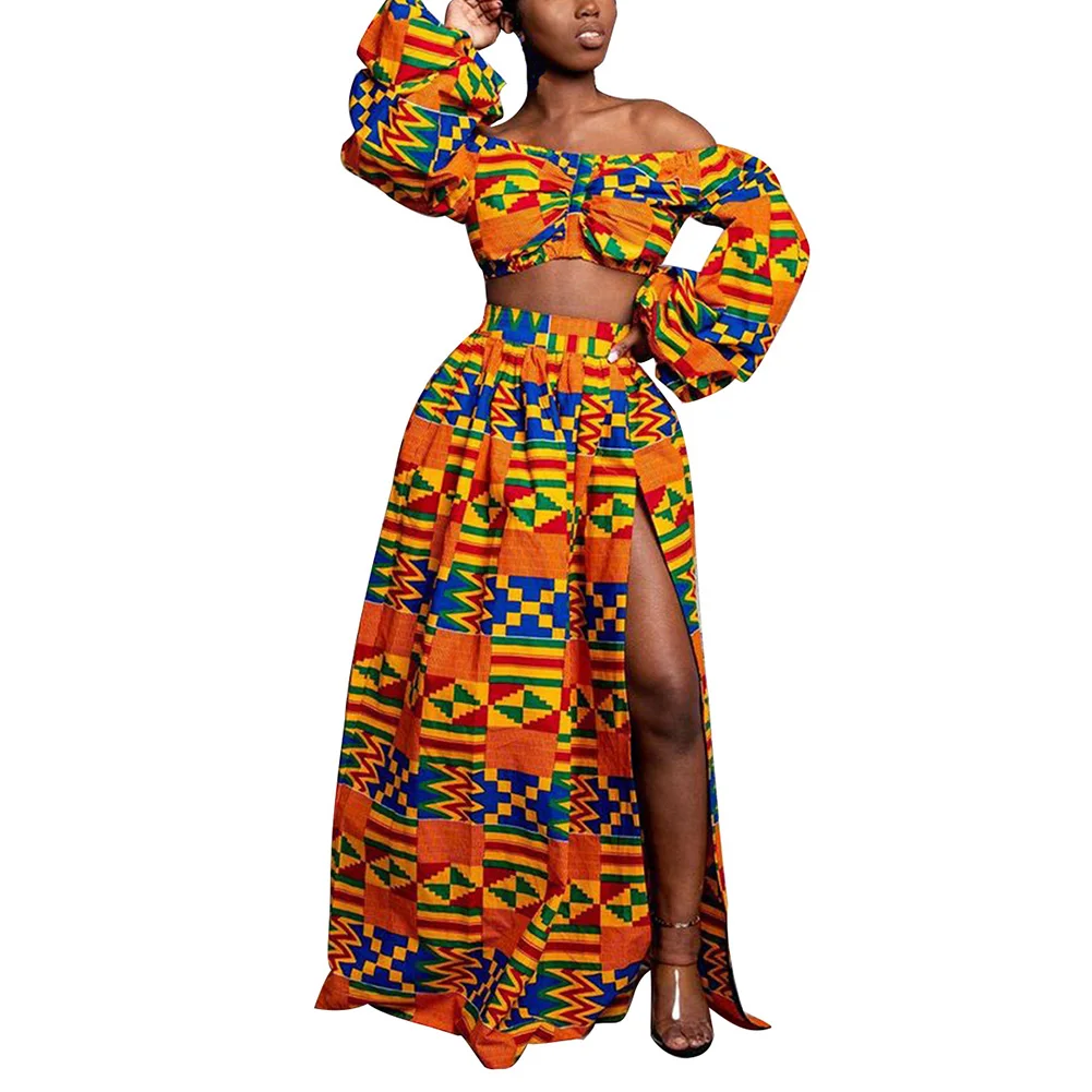 BOHISEN Дашики африканские платья для женщин Базен Анкара Платье с длинным рукавом Африканский принт костюмы - Цвет: 1 set-yellow