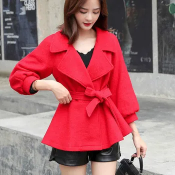 

Woman Solid Woolen Jacket Slim Short Coat Fashion Autumn Belt Jacket