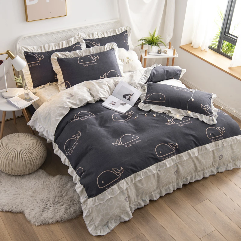 

Lotus Leaf Edge Bedding Set Luxury Bed Sheet Quilt Cover Pillowcase Family Set Cartoon Pattern Bed Linen Comfortable Breathable