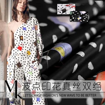 

135 cm wide wave dot printed silk fabric meter crepe de chine silk fabric natural material dress fabric wholesale silk cloth