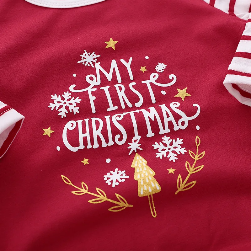 Детская Рождественская одежда; Забавный комбинезон с надписью «My First christmas» для новорожденных; хлопковый комбинезон с длинными рукавами в красную полоску для малышей