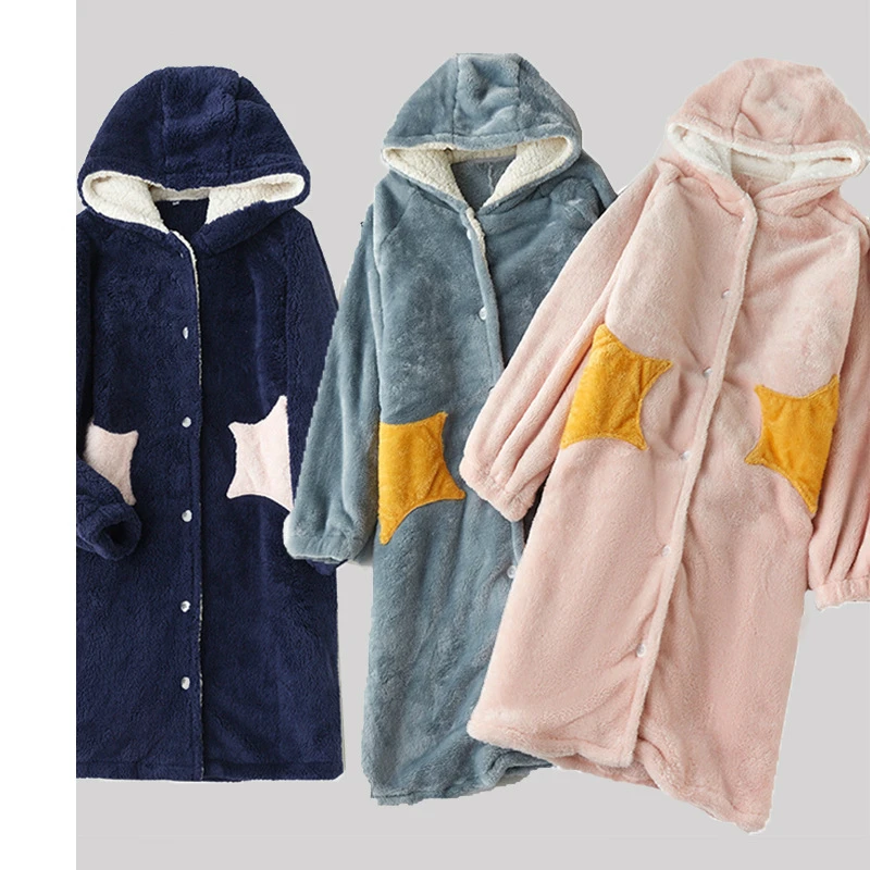 

Winter women star pocket thick robe Womens Lengthened Plush fur long sleeves Hooded Coat Night dress bathrobe Nghtwear homewear