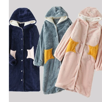 

Winter women star pocket thick robe Womens Lengthened Plush fur long sleeves Hooded Coat Night dress bathrobe Nghtwear homewear