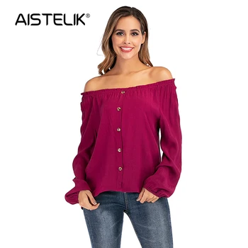 

AISTELIK 2020 spring and autumn casual simple hooded word collar strapless women's body-fitting bubble sleeve woven shirt women