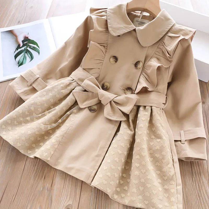 

328417 19 Autumn 2-Color 1950 Girls Grid Heart Frilled Double Breasted Trench Coat CHILDREN'S Jacket 23