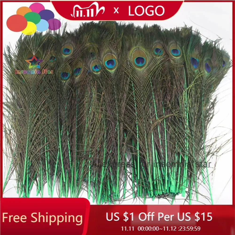 

High quality 100 pieces more 40-45cm beautiful Grass green peacock feathers