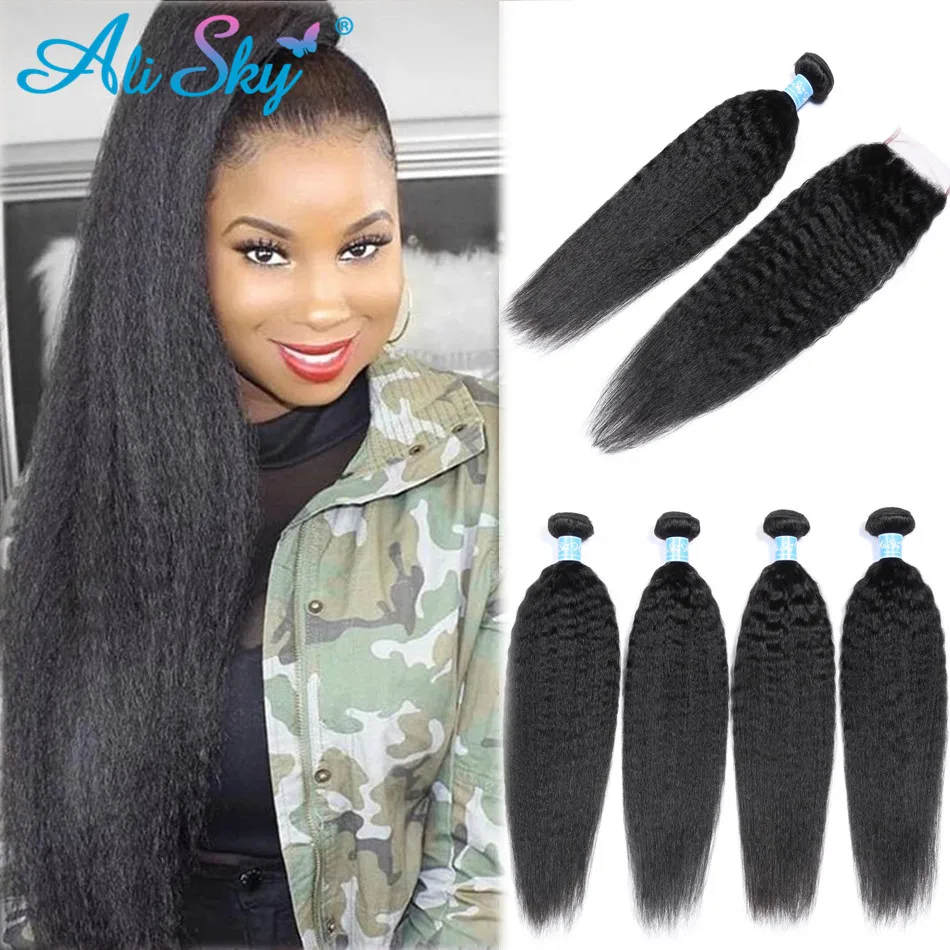 AliSky Hair Indian Kinky Straight 4 Bundles With Lace Closure Remy Hair Extension Human Weave Bundles With Closure Silky