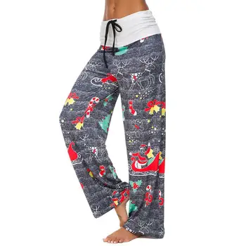 

Women Christmas Floral Print Drawstring Sport Pants Loose Wide Leg Trousers