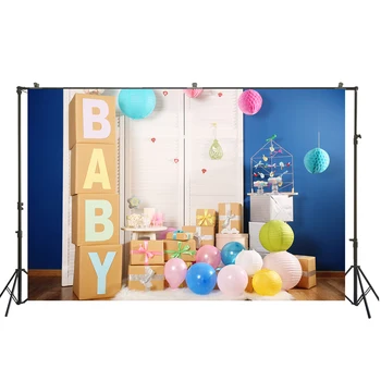 

HuaYi colorful baloons various gifts decoration blue painted wall background photography baby shower photoshoot backdrop W-3945