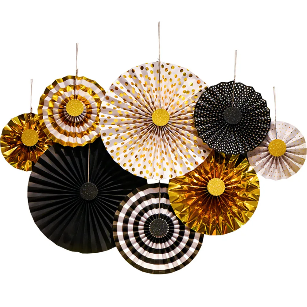 

8pcs DIY Paper Crafts Paper Fans Black Goden Wedding Party Birthday Festival Decor Photo Backdrop Hanging Flower Paper Fan