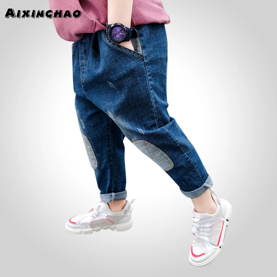 Джинсы с заплатками для мальчиков длинные джинсы штаны Детская осенняя модная
