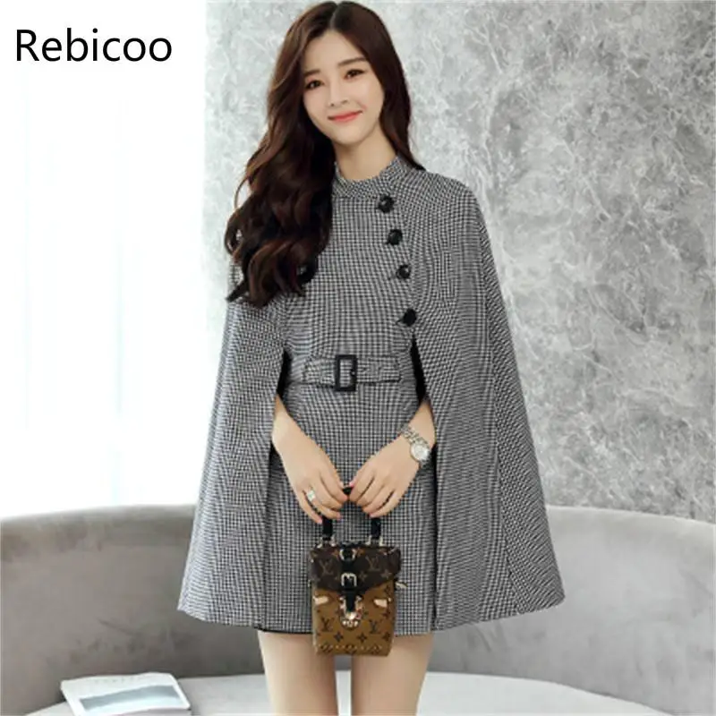 

Fashion Plaid coat female Jacket Autumn Women's New British style Cloak Woolen Jacket Fashion Cape Coat Female Casual Blazers