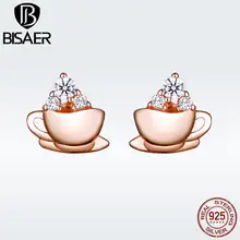 BISAER, прекрасный стиль, 925 пробы, серебро, розовое золото, крошечные серьги-гвоздики с кофейной чашкой для женщин, модные корейские Драгоценности GXE592