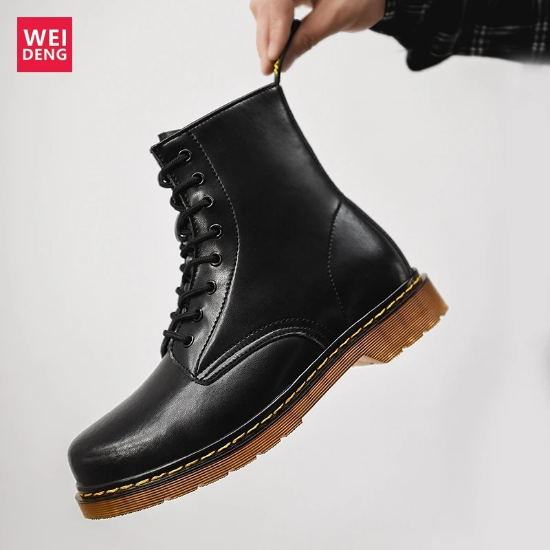 Weideng/зимние теплые ботинки из натуральной кожи для пары; женская зимняя обувь; мужская обувь на меху на плоской подошве, увеличивающая рост, на 6 см; Мужская обувь в деловом стиле размера плюс 34-48