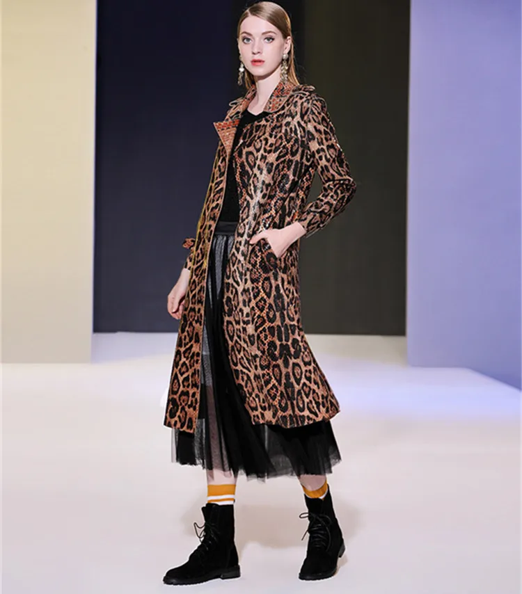 

Fashion women's leopard trench coat 2019 autumn winter women belt overcoat A918