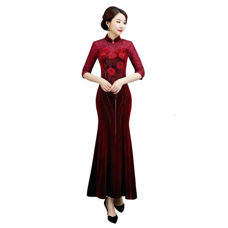 Осень/зима рыбий хвост юбка платье ретро Национальный стиль мать cheongsam длинная Вышивка Горячая алмаз улучшенное китайское платье