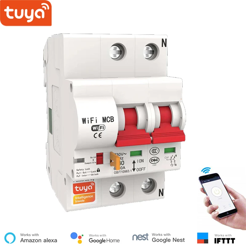 Tuya 스마트 라이프 와이파이 차단기, 단락 보호, 알렉사 에코, 구글 호환 원격 제어, 16A