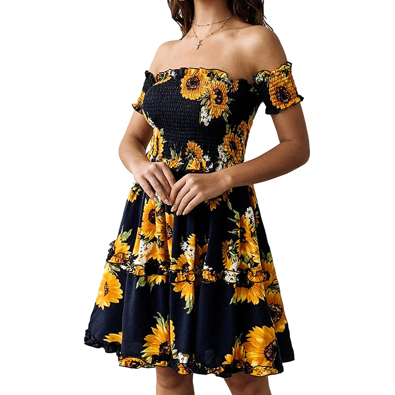 Sexy Backless Strapless Summer Dress Women Vintage Off Shoulder Short Sleeve Sundress Sunflower Pleated Beach Ruffles | Женская одежда