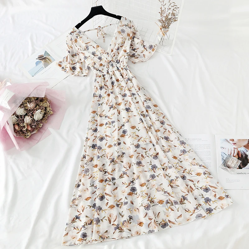 2021 Summer Women Ruffled Short-sleeved Chiffon Dress V-neck High Waist Floral Print Beach Midi Dresses Backless Sexy Vestidos