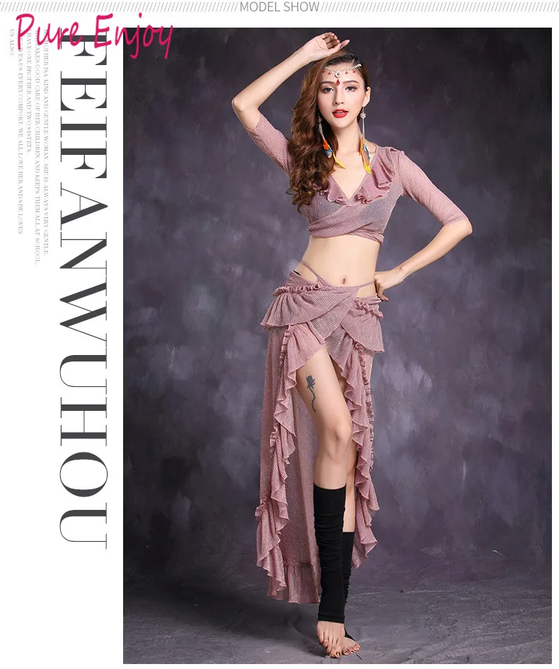 Розовый Сексуальный топ с V-образным вырезом Bellydance Танец живота Длинная юбка 2шт. Набор для женской одежды. Костюмы для восточных танцев - Цвет: Розовый