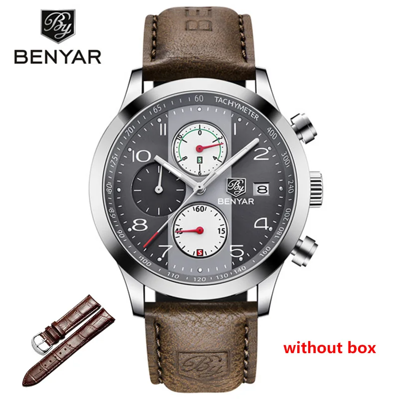 gray BENYAR новые модные спортивные часы с хронографом для мужчин с кожаным ремешком брендовые деловые кварцевые синие мужские наручные часы Relogio Masculino - Color: gray