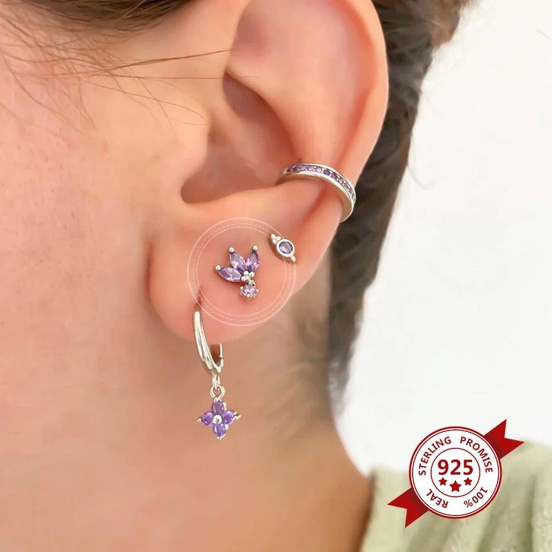 

Exquisite Crystal Flower Stud Earrings for Women 925 Sterling Silver Earrings for Girls Black Purple Zircon Jewelry Females Gift