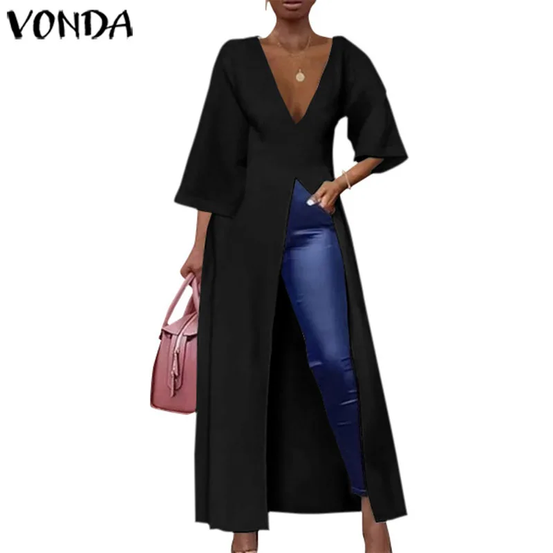Black VONDA, женские сексуальные длинные рубашки с v-образным вырезом и разрезом, Коктейльные, вечерние, сексуальные платья, OL, офисные, длинные блузки, женские праздничные платья размера плюс - Цвет: Black