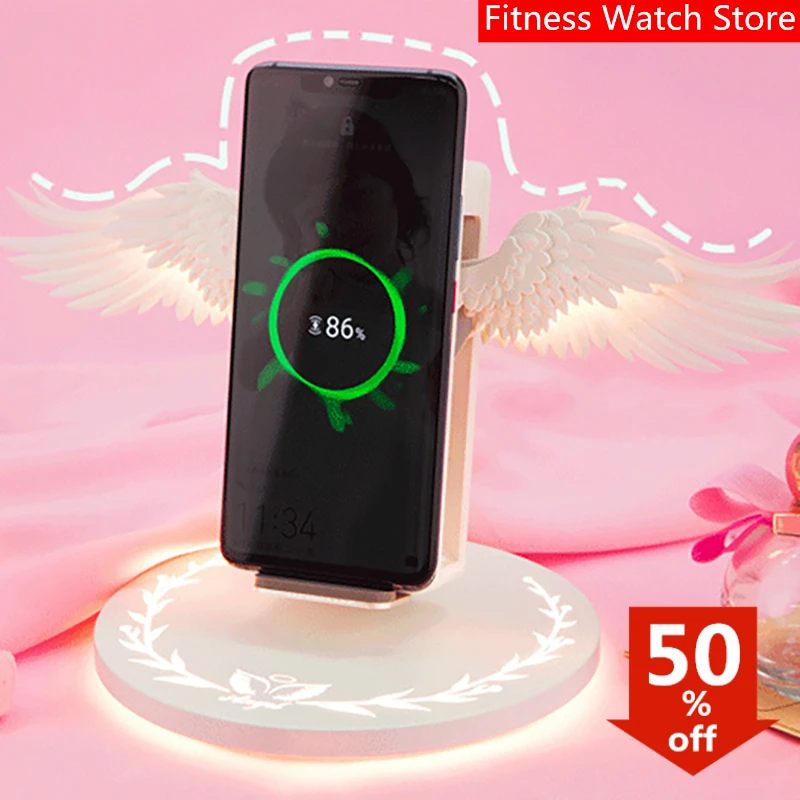 

new tik tok 10W Wireless Charger Angel Wings Night Light Mobile Phone Wireless Charger for Android Apple USB Fast Charge tiktok
