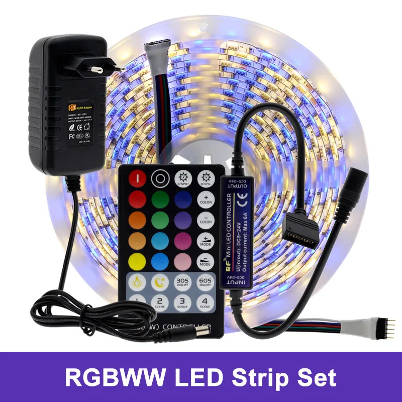 DC12V 5050 Светодиодная лента RGB/RGBW/RGB+ CCT/двойной белый 5 м гибкий светильник+ РЧ пульт дистанционного управления+ адаптер питания набор светодиодных лент - Испускаемый цвет: RGB Warm White