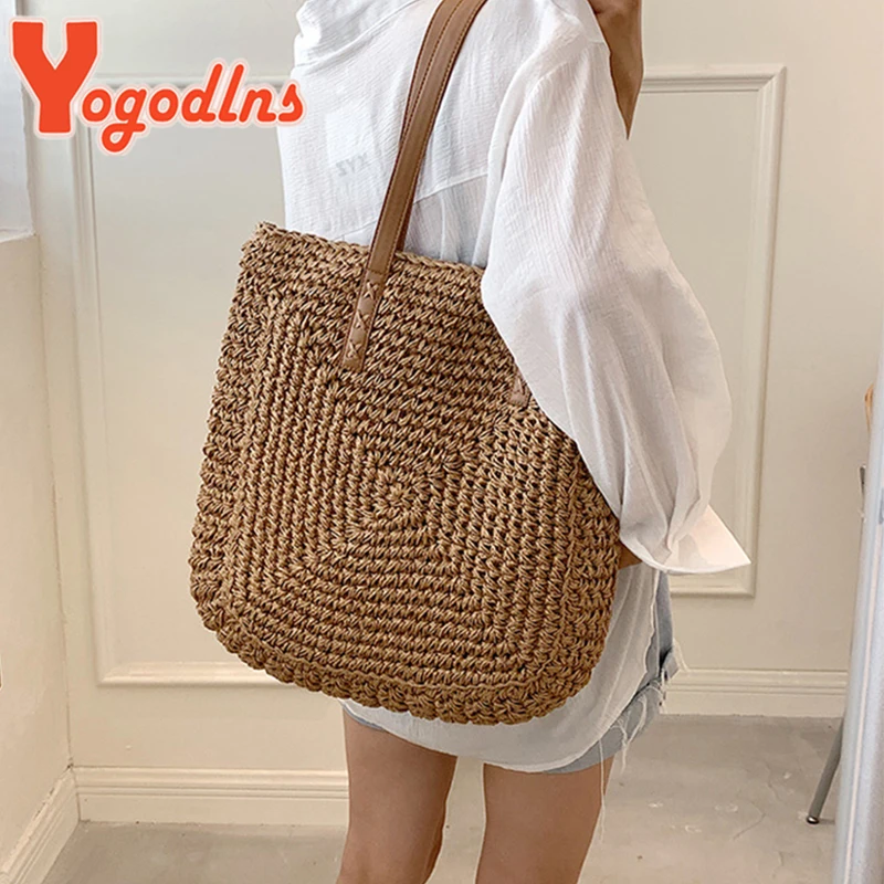 Yogodlns Summer Large Capacity Straw Shoulder Bag Rattan Beach Bags Woven Handle Bag Casual Lady Totes Shopping Handbag Clutch