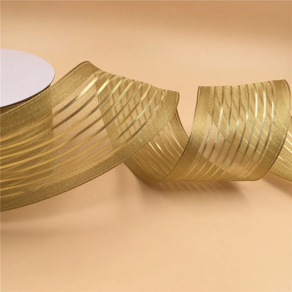 

63MM 25 Yards Wire Edge Gold Glitter Stripes Metallic Organza Ribbon for Birthday Decoration Chiristmas Gift Wrapping N2110