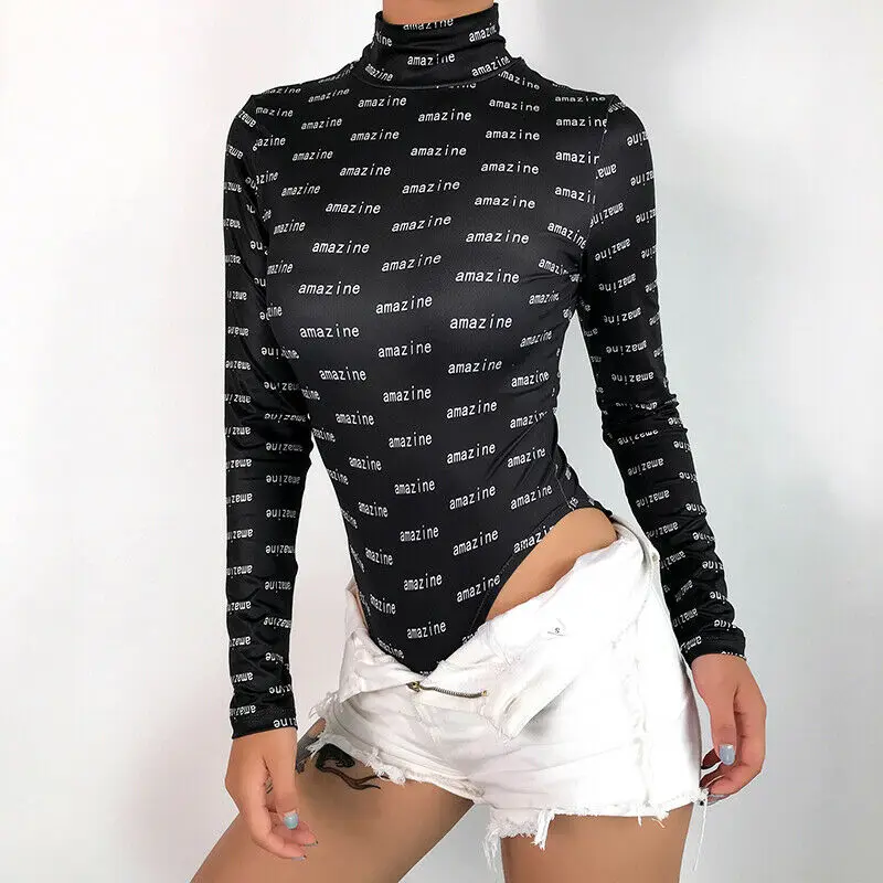 Body sexy de manga larga para mujer, ropa de abrigo de cuello alto para mujer, traje entallado con letras a la moda, novedad de otoño e invierno de 2019