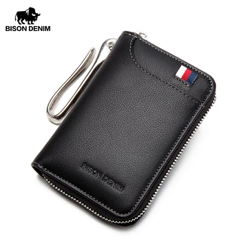 

Bison Denim New business men's Car Key Case Genuine Leather Key Wallet Male Card Keychain Cover Zipper Card Holder Key Organizer