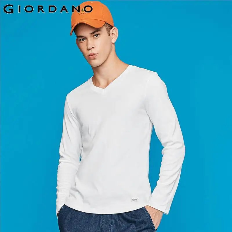 Giordano Мужская футболка Толстая хлопок с длинным рукавом мужская одежда с v-образным вырезом Slim Fit Camiseta Masculina Ropa Hombre De Marca 01029802