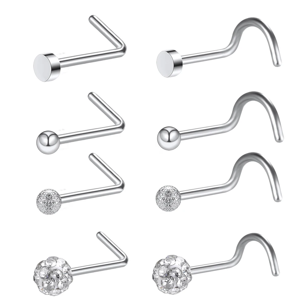 ZS Stainless Steel Nose Piercing Studs 8pcs Set L Shape Nose Piercing Rings Screw Shape Nose Piercing Septums Fashion Nose Stud