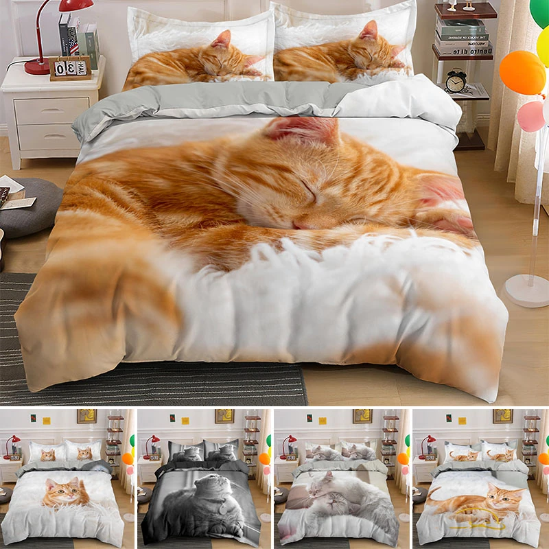 可愛いペット猫寝具セット動物プリントカバーシングルダブルキングクイーンサイズ羽毛布団カバーセットリネン服|Bedding Sets| -  AliExpress
