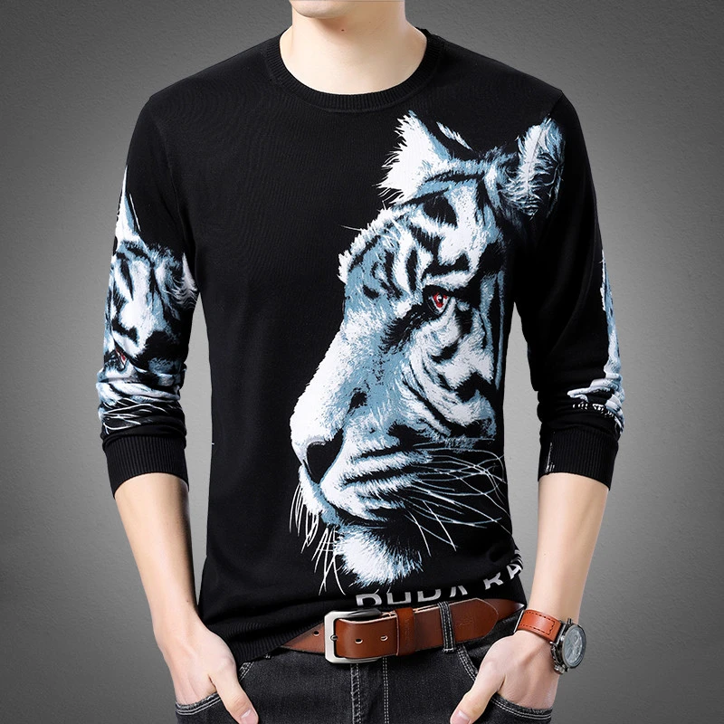 

2020 Spring Tiger Print Sweater Mens Fashion Pullover Slim Fit Pull Homme Animal Printed Sweater Mens M-3XL