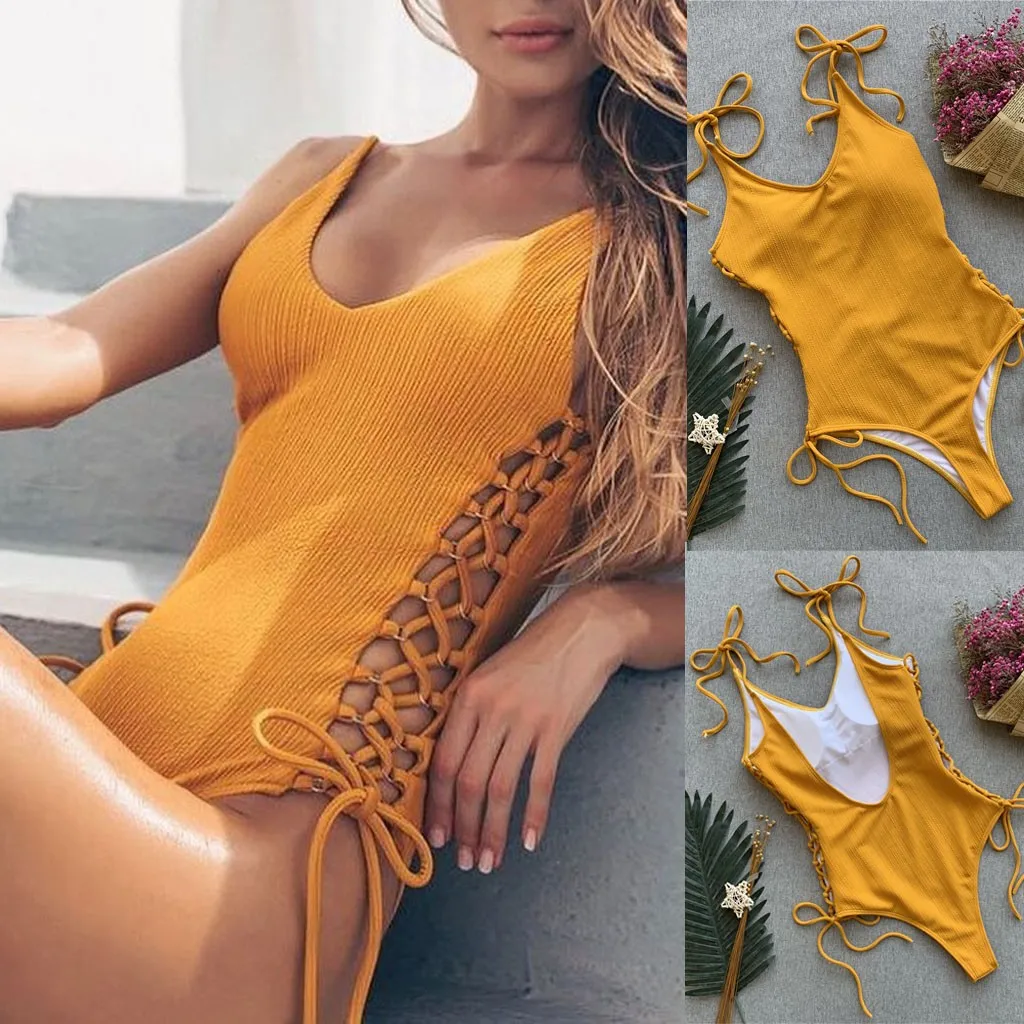 JAYCOSIN solid color strap one-piece bikini swimwear women Slim sexy swimsuit bathing beach fashion youth summer bikini yellow 