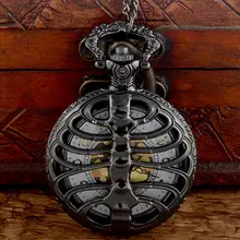 Новая мода черные стимпанк ребра позвоночника полые Кварцевые цепочки для карманных часов Винтаж Мужчины Женщины Череп Кулон ожерелье часы подарок